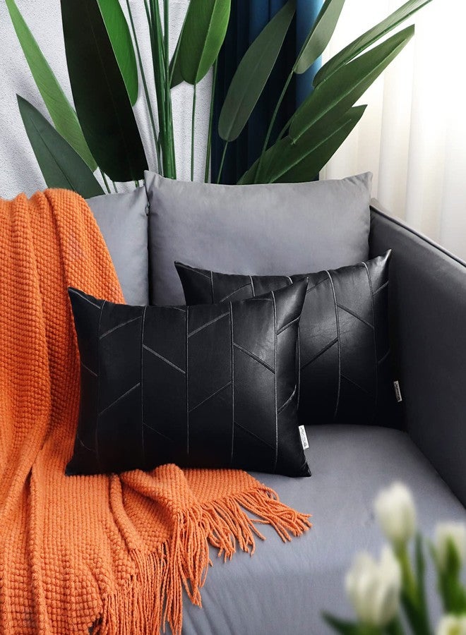BRAWARM Faux Leather Pillow Covers 12 X 20 Inches, Black Leather Lumbar Pillow Covers Pack of 2, Geometric Embroidery Leather Decorative Throw Pillows for Living Room Couch Bed Sofa Home - Image 2